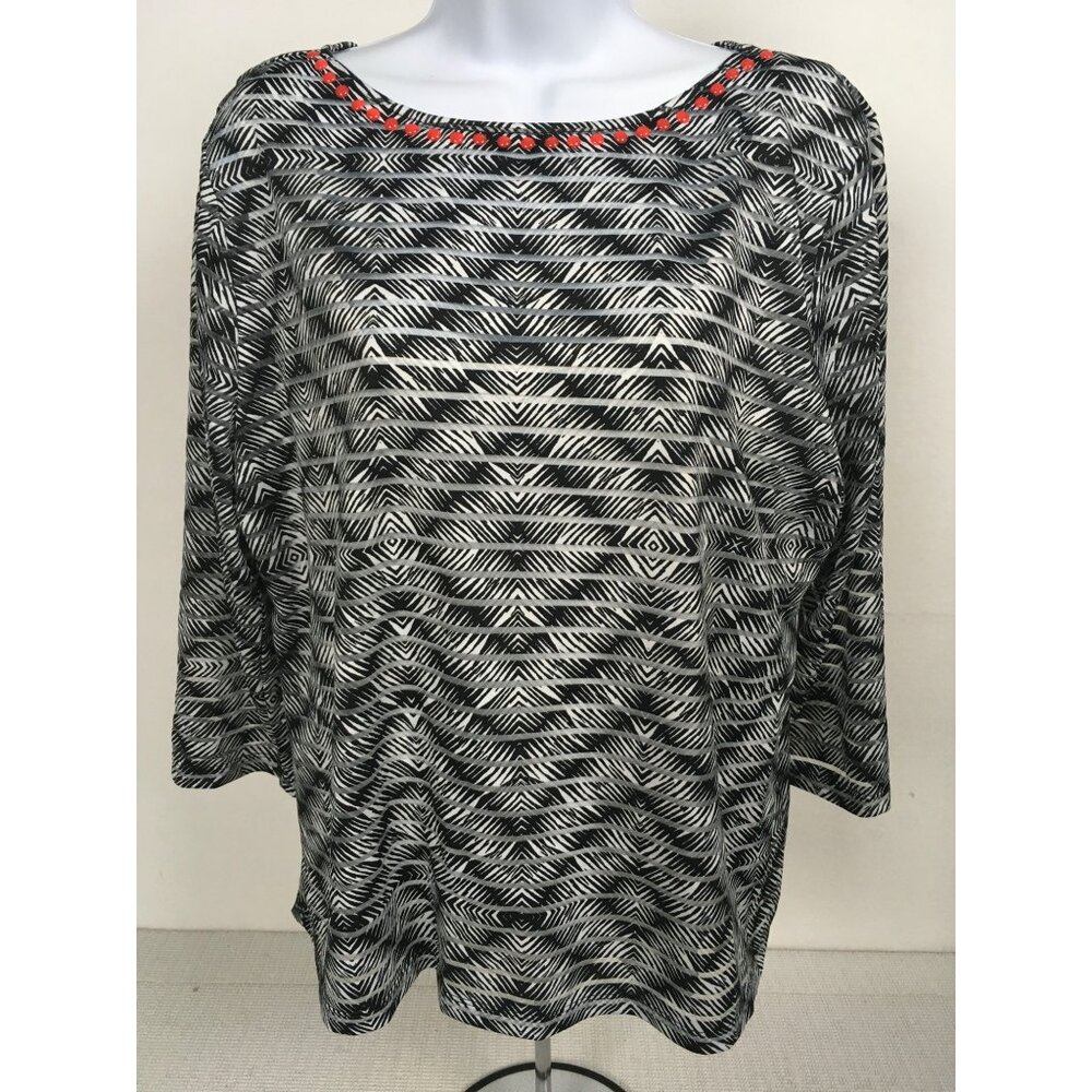 Ruby Rd Women Top Size PXL Black White Diamond Pattern Lined Red Beaded Neck
